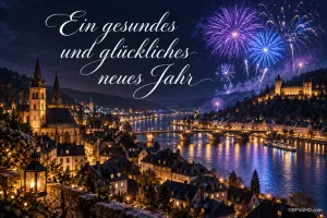 Violettes und blaues Feuerwerk über einer Stadt am Fluss mit dem Gruß "Ein gesundes und glückliches neues Jahr".