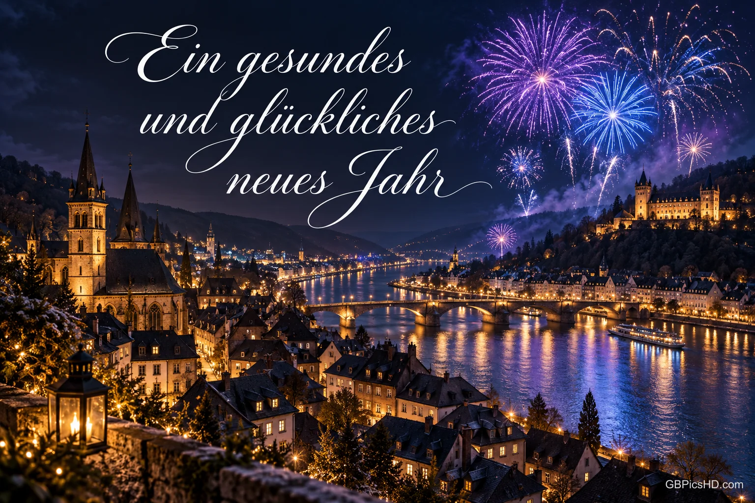 Violettes und blaues Feuerwerk über einer Stadt am Fluss mit dem Gruß "Ein gesundes und glückliches neues Jahr".