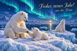 Drei Eisbären auf Eisschollen unter grünem Polarlicht mit dem Gruß "Frohes neues Jahr! aus der Ferne".