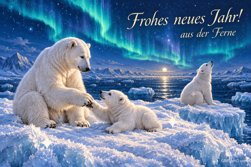 Drei Eisbären auf Eisschollen unter grünem Polarlicht mit dem Gruß "Frohes neues Jahr! aus der Ferne".