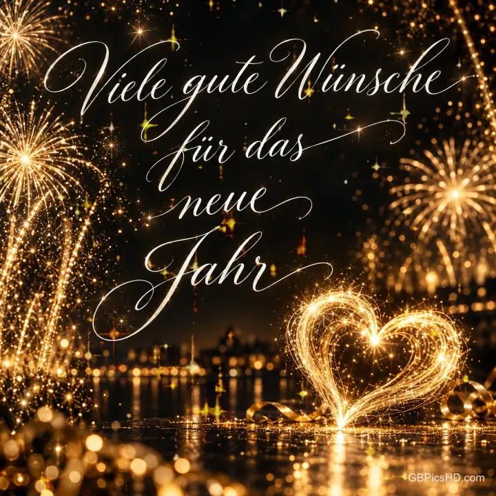 Goldenes Feuerwerk und ein leuchtendes Herz am Wasser umrahmen "Viele gute Wünsche für das neue Jahr".