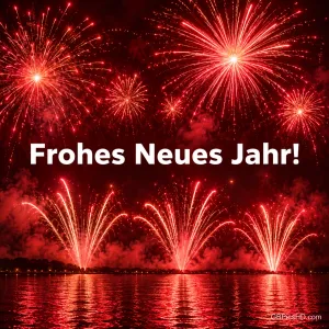 Rotes Feuerwerk spiegelt sich im Wasser unter dem weißen Schriftzug "Frohes neues Jahr!".