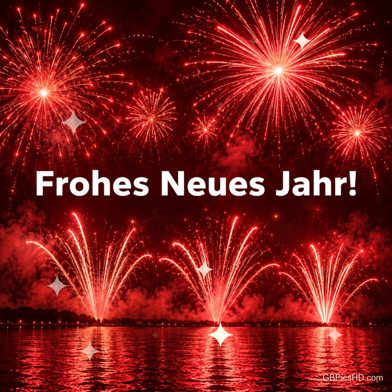 Rotes Feuerwerk spiegelt sich im Wasser unter dem weißen Schriftzug "Frohes neues Jahr!".
