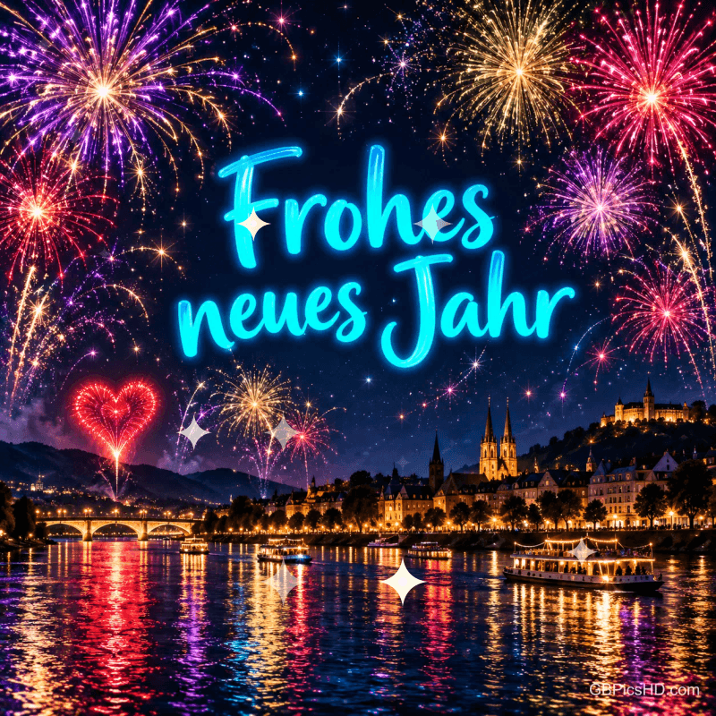 Buntes Feuerwerk mit einem roten Herz über einer Stadt am Fluss und der türkis leuchtende Gruß "Frohes neues Jahr".
