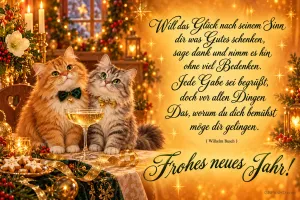 Zwei Katzen neben einem gefüllten Glas und Gebäck in festlicher Dekoration mit einem Gedicht und dem Gruß "Frohes neues Jahr!".
