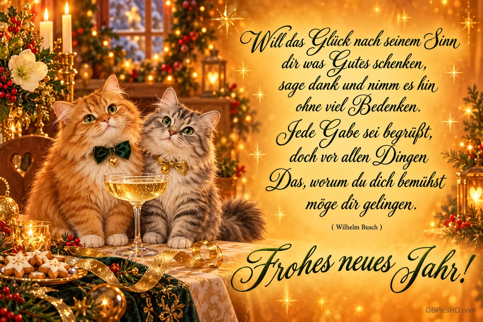 Zwei Katzen neben einem gefüllten Glas und Gebäck in festlicher Dekoration mit einem Gedicht und dem Gruß "Frohes neues Jahr!". Zwei Katzen neben einem gefüllten Glas und Gebäck in festlicher Dekoration mit einem Gedicht und dem Gruß "Frohes neues Jahr!".