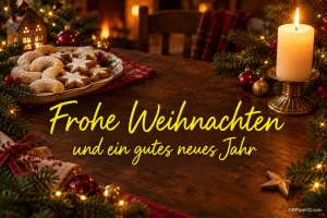 Gebäck und eine brennende Kerze auf einem Holztisch mit Tannengrün und dem Gruß "Frohe Weihnachten und ein gutes neues Jahr".