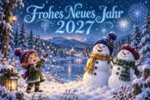 Ein Wichtel und zwei Schneemänner stehen am verschneiten See unter Feuerwerk und "Frohes neues Jahr 2027".