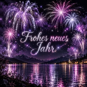 Violettes Feuerwerk über Bergen und einem See umrahmt den leuchtenden Schriftzug "Frohes neues Jahr".