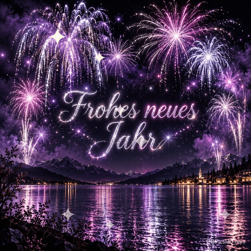 Violettes Feuerwerk über Bergen und einem See umrahmt den leuchtenden Schriftzug "Frohes neues Jahr".