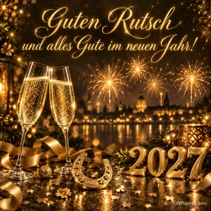 Sektgläser, ein Hufeisen und goldene Zahlen 2027 stehen vor Feuerwerk mit "Guten Rutsch und alles Gute im neuen Jahr!".