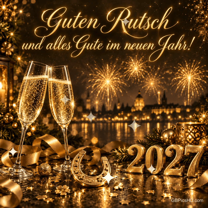 Sektgläser, ein Hufeisen und goldene Zahlen 2027 stehen vor Feuerwerk mit "Guten Rutsch und alles Gute im neuen Jahr!". Sektgläser, ein Hufeisen und goldene Zahlen 2027 stehen vor Feuerwerk mit "Guten Rutsch und alles Gute im neuen Jahr!".