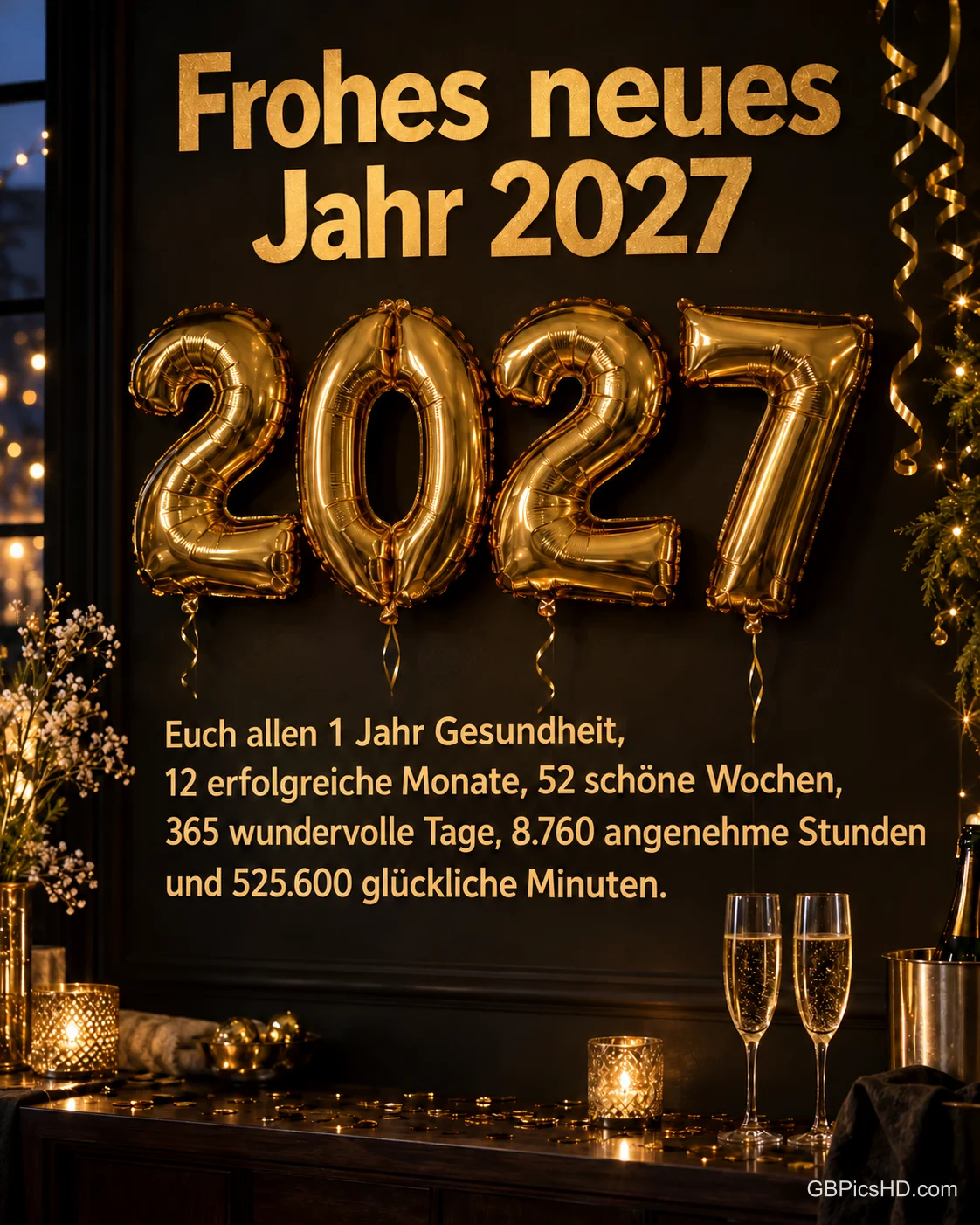 Goldene Zahlenballons 2027 schweben in einem festlich beleuchteten Raum mit Sektgläsern, dazu "Frohes neues Jahr 2027" und Wünsche für jeden Tag, jede Stunde und jede Minute.