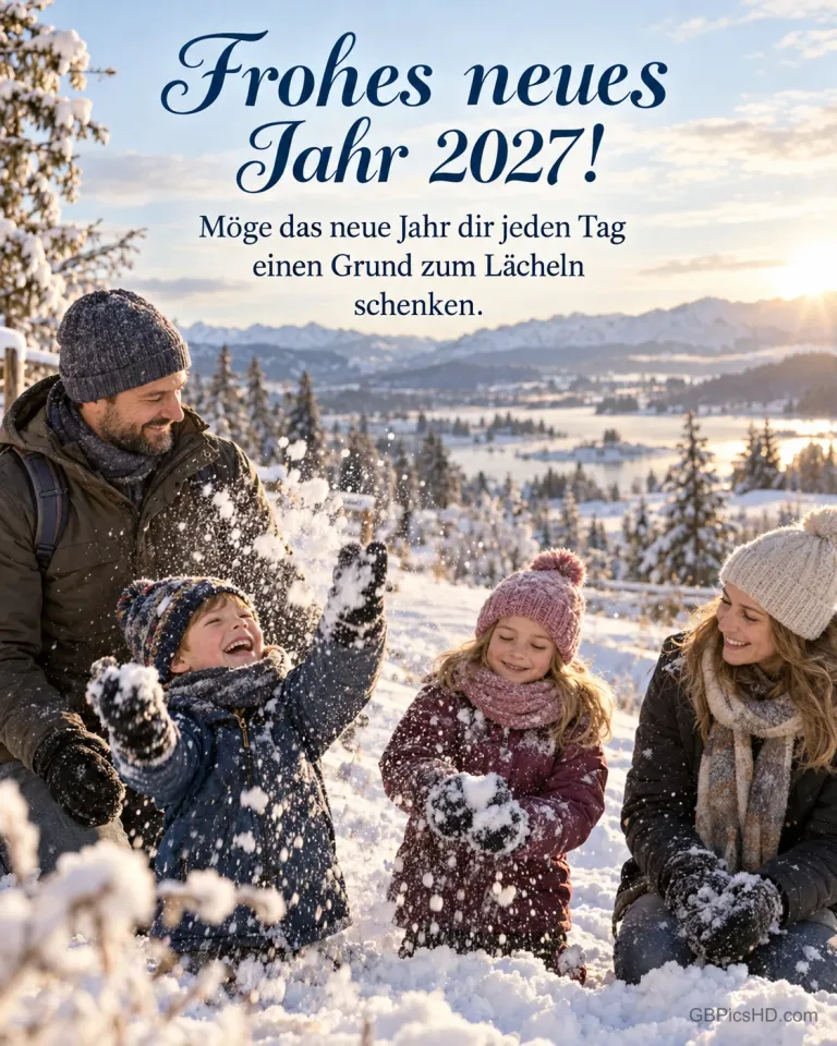 Eine Familie spielt am sonnigen Neujahrsmorgen im Schnee, die Kinder werfen Schnee in die Luft, dazu "Frohes neues Jahr 2027!".