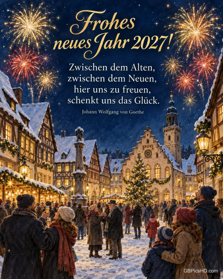 Menschen feiern um Mitternacht unter dem Feuerwerk auf einem verschneiten Altstadt-Marktplatz, dazu "Frohes neues Jahr 2027!".