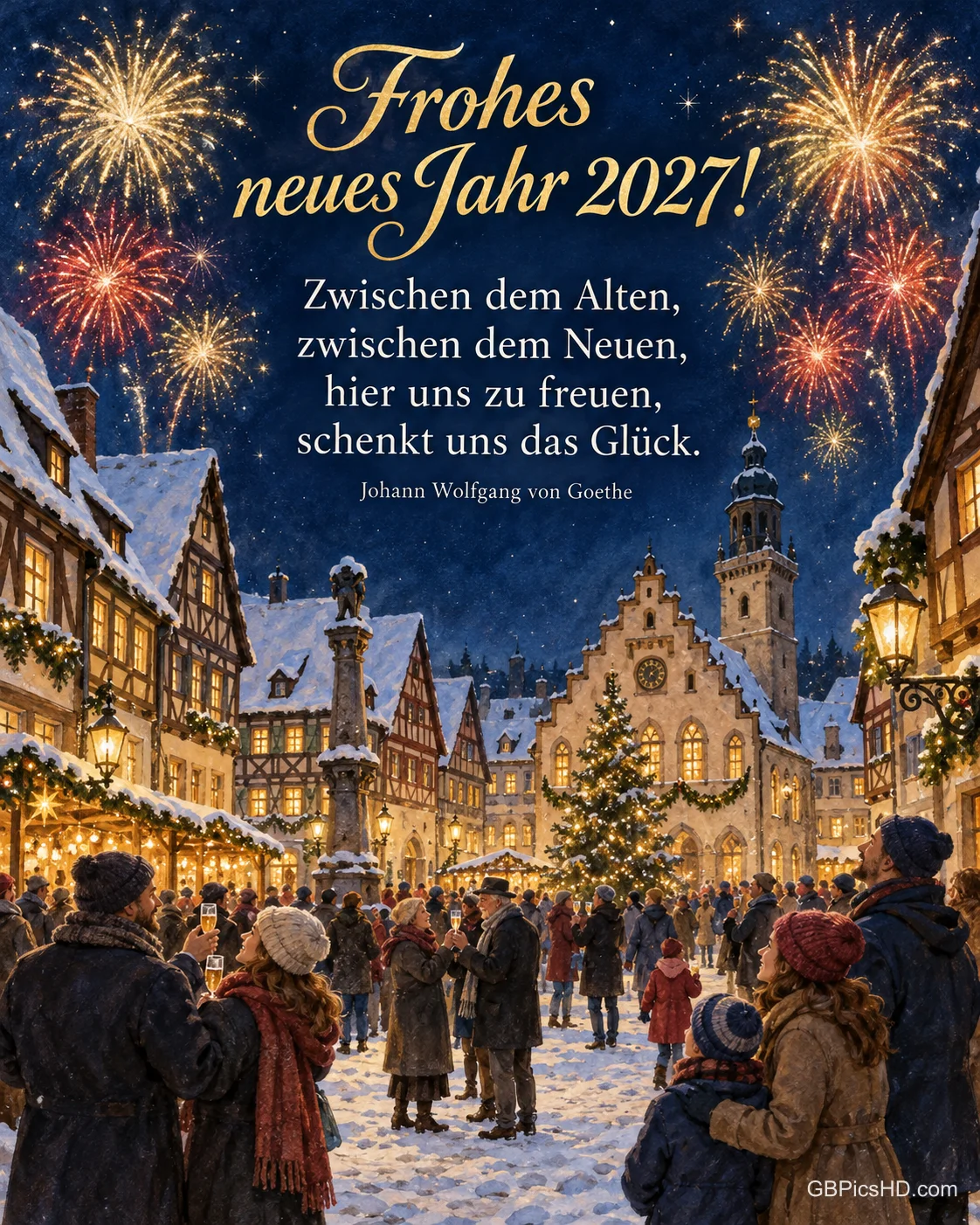 Menschen feiern um Mitternacht unter dem Feuerwerk auf einem verschneiten Altstadt-Marktplatz, dazu "Frohes neues Jahr 2027!".