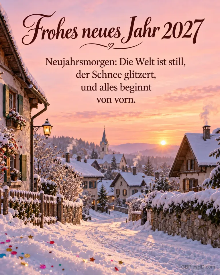 Eine stille, verschneite Dorfstraße am Neujahrsmorgen mit bunten Konfetti im Schnee und rosa Sonnenaufgang, dazu "Frohes neues Jahr 2027".