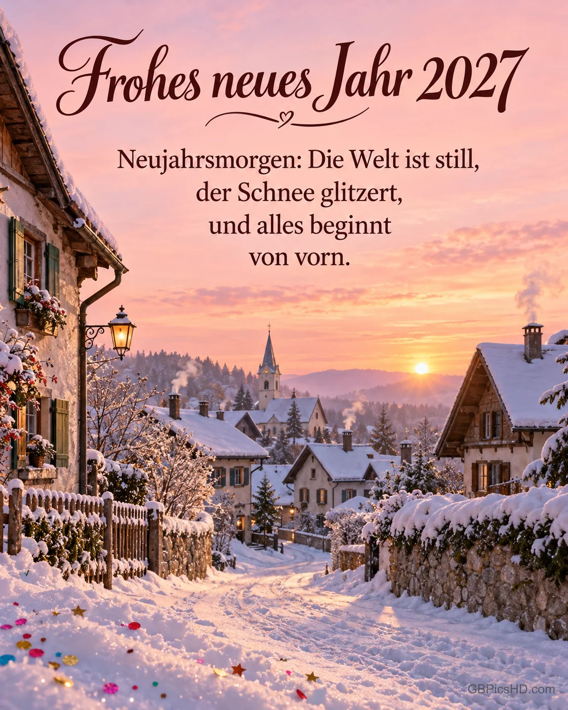 Eine stille, verschneite Dorfstraße am Neujahrsmorgen mit bunten Konfetti im Schnee und rosa Sonnenaufgang, dazu "Frohes neues Jahr 2027".