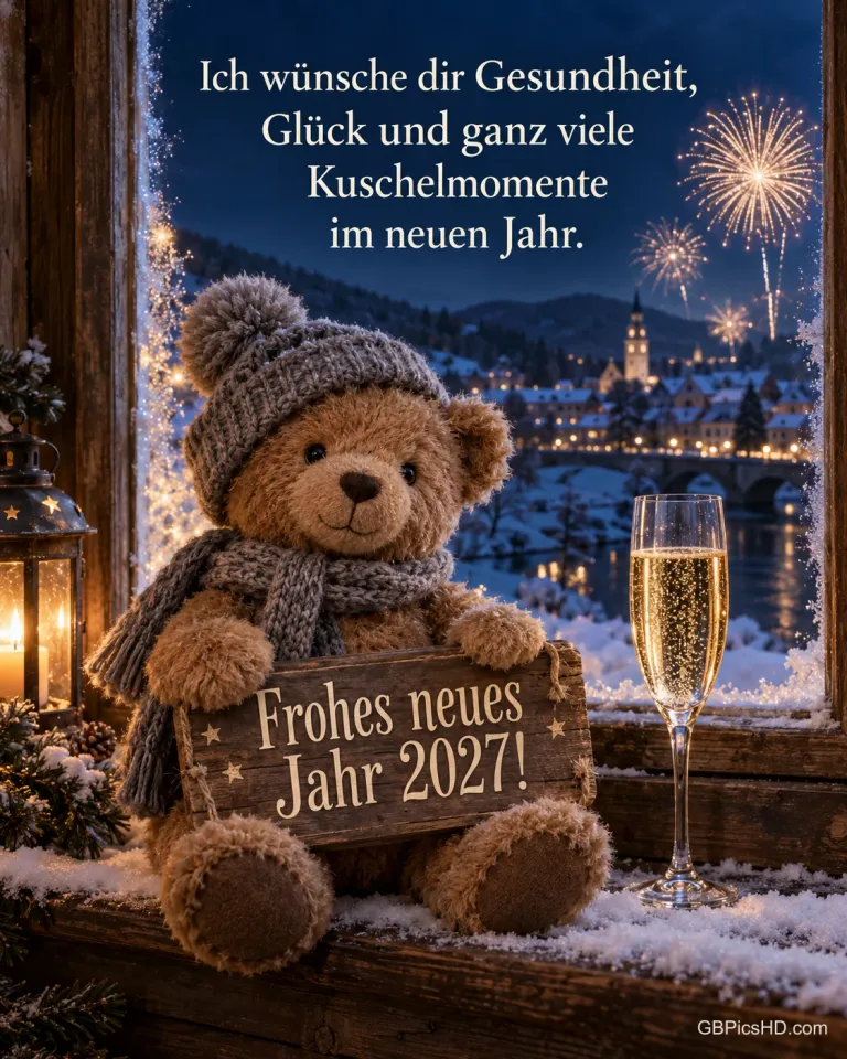 Ein Teddybär mit Strickmütze und Schal sitzt mit dem Holzschild "Frohes neues Jahr 2027!" und einem Sektglas am verschneiten Fenster vor Feuerwerk.