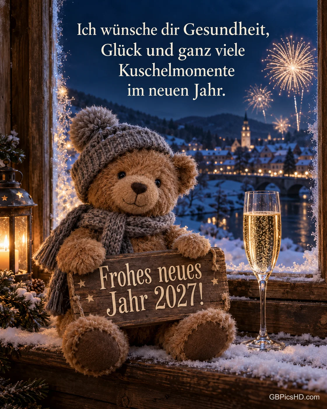 Ein Teddybär mit Strickmütze und Schal sitzt mit dem Holzschild "Frohes neues Jahr 2027!" und einem Sektglas am verschneiten Fenster vor Feuerwerk.