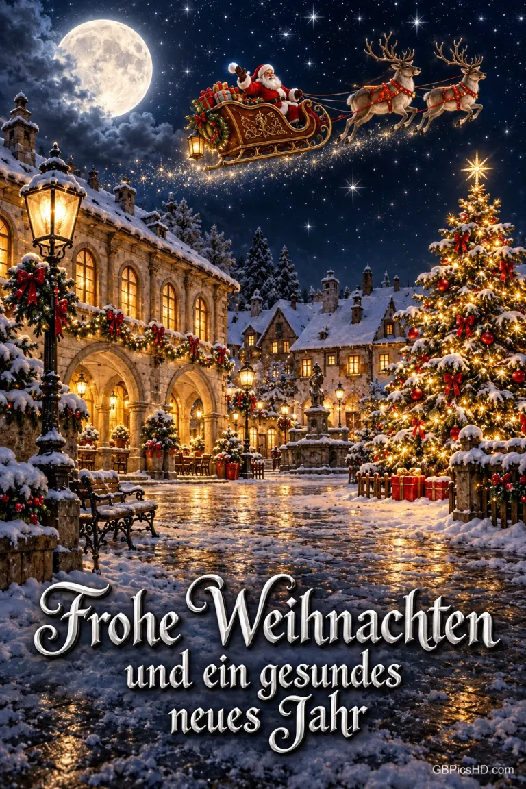 Über einem verschneiten Platz mit Weihnachtsbaum fliegt Santas Schlitten; unten steht "Frohe Weihnachten und ein gesundes neues Jahr".