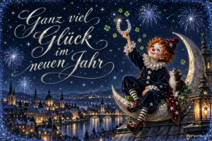 Ein kleiner Clown mit Hufeisen sitzt neben einer Katze auf einer Mondsichel über der Stadt: "Ganz viel Glück im neuen Jahr".