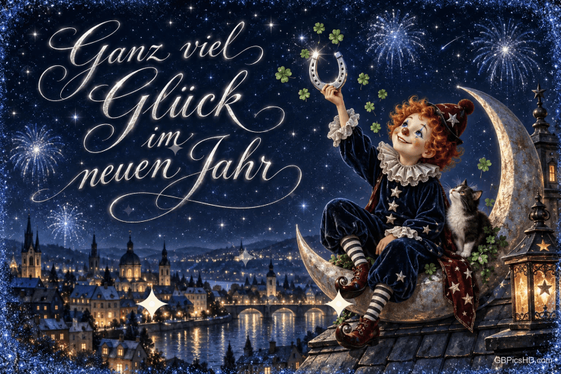 Ein kleiner Clown mit Hufeisen sitzt neben einer Katze auf einer Mondsichel über der Stadt: "Ganz viel Glück im neuen Jahr".