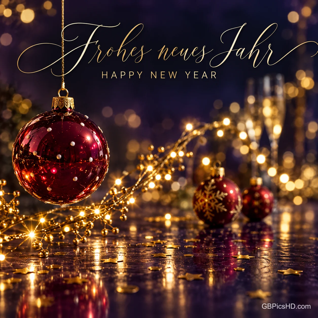 Eine rote Weihnachtskugel, goldene Lichter und Gläser vor dunklem Hintergrund mit dem Gruß "Frohes neues Jahr HAPPY NEW YEAR".