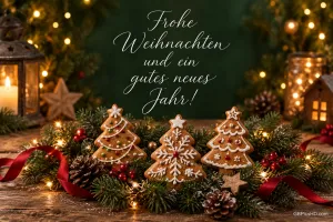 Drei Lebkuchenbäume in Tannengrün mit roten Bändern und Lichtern unter dem Gruß "Frohe Weihnachten und ein gutes neues Jahr!".
