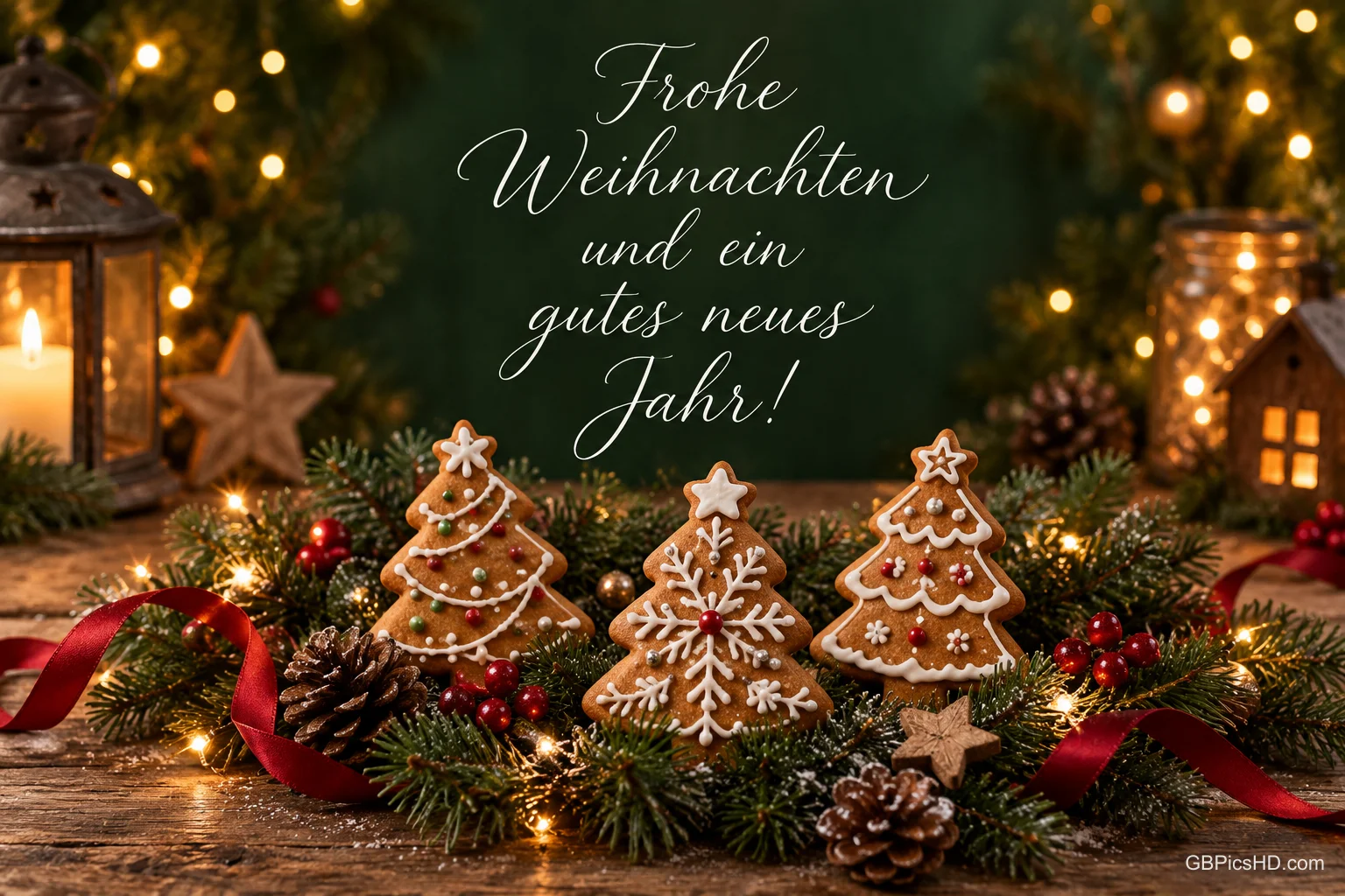 Drei Lebkuchenbäume in Tannengrün mit roten Bändern und Lichtern unter dem Gruß "Frohe Weihnachten und ein gutes neues Jahr!". Drei Lebkuchenbäume in Tannengrün mit roten Bändern und Lichtern unter dem Gruß "Frohe Weihnachten und ein gutes neues Jahr!".