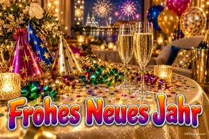 Zwei Sektgläser, Partyhüte und Luftschlangen stehen vor Feuerwerk mit dem Gruß "Frohes Neues Jahr".