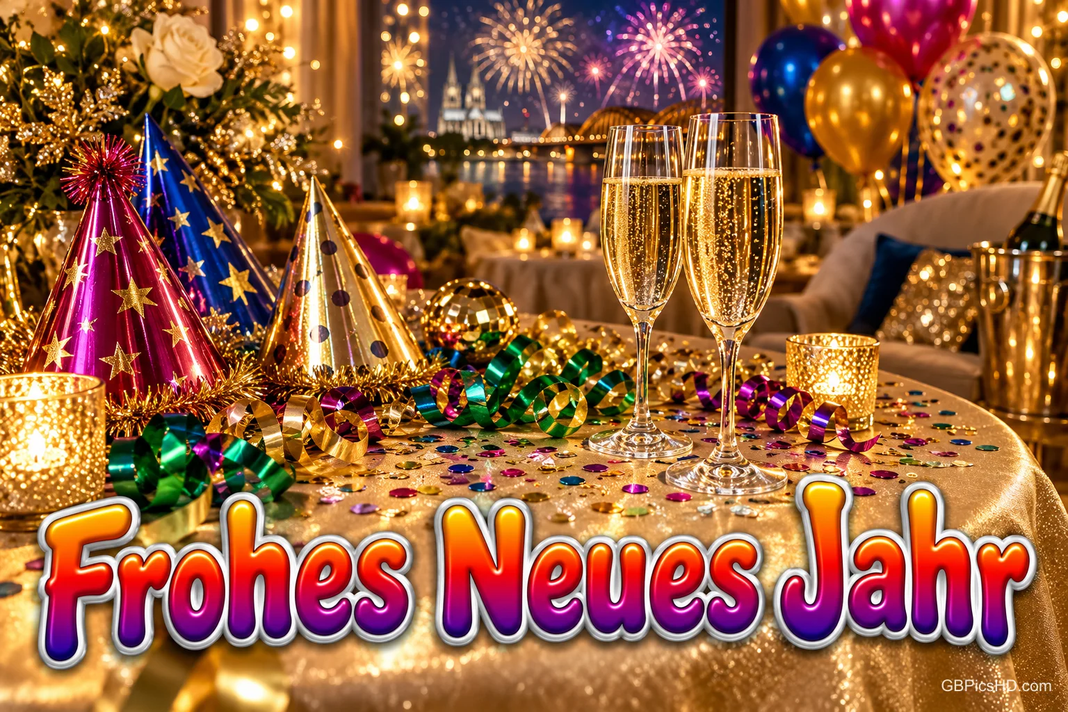 Zwei Sektgläser, Partyhüte und Luftschlangen stehen vor Feuerwerk mit dem Gruß "Frohes Neues Jahr".