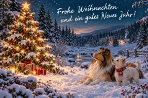 Ein Collie und ein kleiner Hund sitzen im Schnee neben einem Weihnachtsbaum mit "Frohe Weihnachten und ein gutes neues Jahr!".