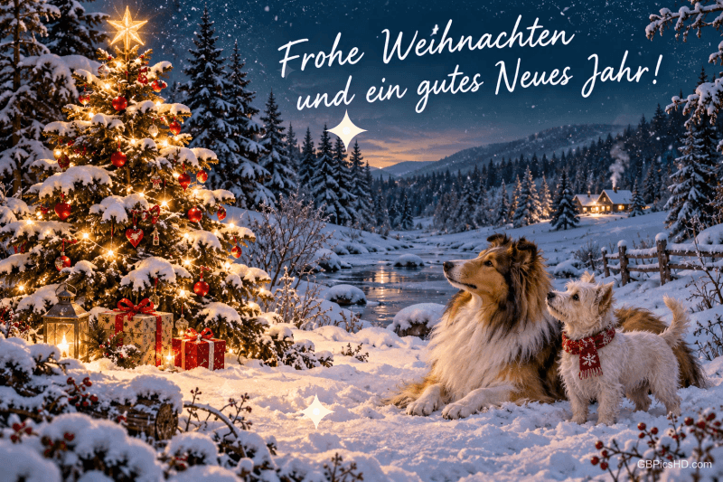 Ein Collie und ein kleiner Hund sitzen im Schnee neben einem Weihnachtsbaum mit "Frohe Weihnachten und ein gutes neues Jahr!". Ein Collie und ein kleiner Hund sitzen im Schnee neben einem Weihnachtsbaum mit "Frohe Weihnachten und ein gutes neues Jahr!".