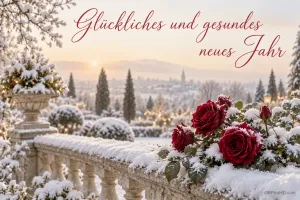 Rote Rosen liegen auf einer verschneiten Steinbalustrade unter dem Gruß "Glückliches und gesundes neues Jahr".