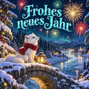 Ein weißer Fuchs mit rotem Schal sitzt bei einer Laterne auf einer verschneiten Brücke unter Feuerwerk und "Frohes neues Jahr".