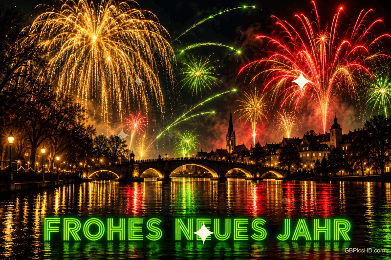 Buntes Feuerwerk leuchtet vor schwarzem Hintergrund über dem grünen Schriftzug "Frohes neues Jahr".