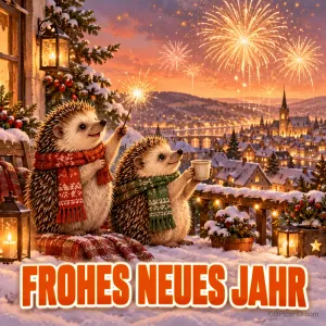 Zwei Igel mit Schals, Wunderkerze und Tasse sitzen über einer verschneiten Stadt mit Feuerwerk und dem Gruß "Frohes neues Jahr".
