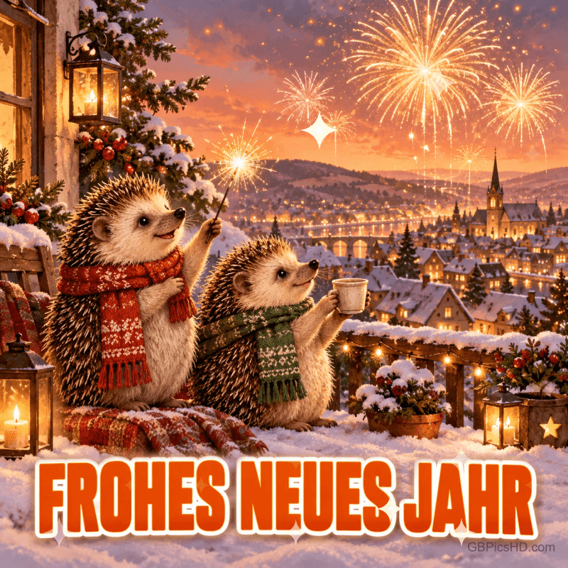 Zwei Igel mit Schals, Wunderkerze und Tasse sitzen über einer verschneiten Stadt mit Feuerwerk und dem Gruß "Frohes neues Jahr".