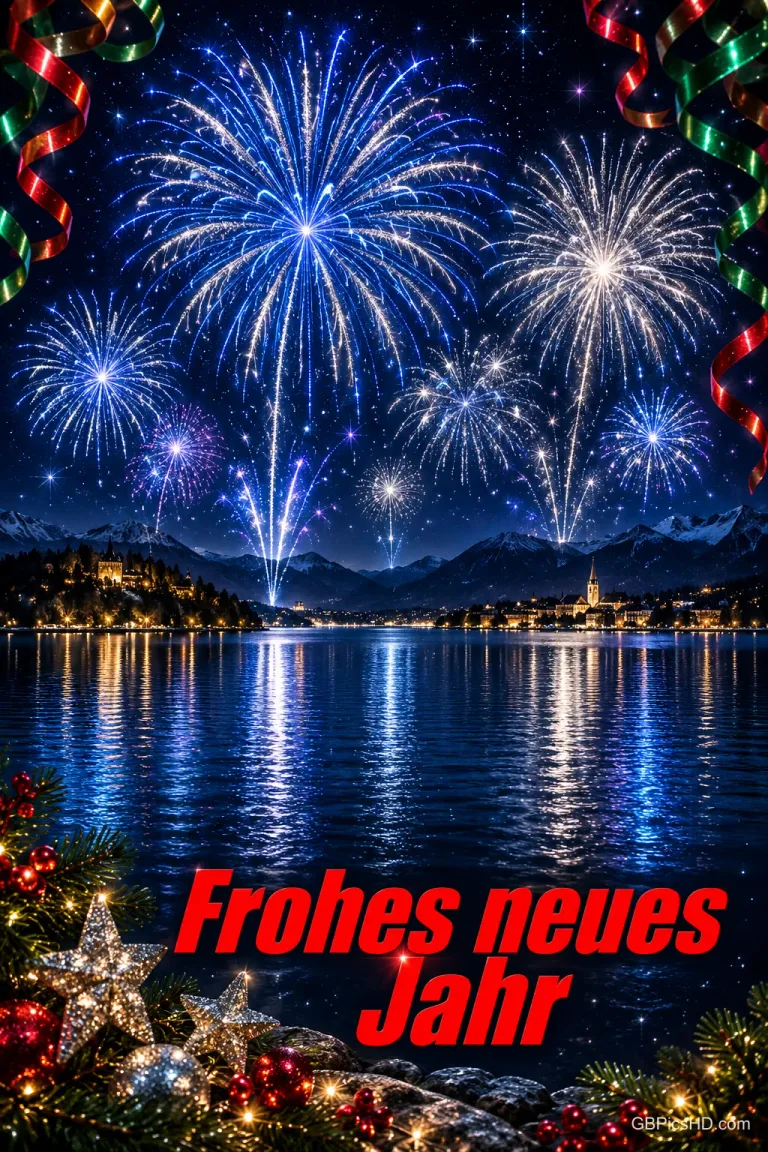 Blaues und weißes Feuerwerk spiegelt sich im See; Tannengrün, Sterne und Schleifen umrahmen den roten Gruß "Frohes neues Jahr".