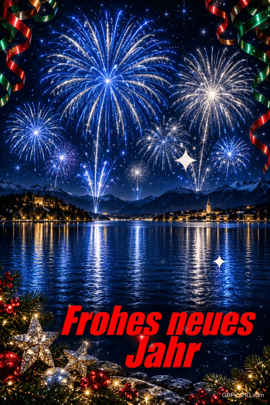 Blaues und weißes Feuerwerk spiegelt sich im See; Tannengrün, Sterne und Schleifen umrahmen den roten Gruß "Frohes neues Jahr".