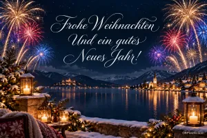 Buntes Feuerwerk erhellt den schwarzen Hintergrund hinter dem weißen Schriftzug "Frohe Weihnachten und ein gutes neues Jahr!".