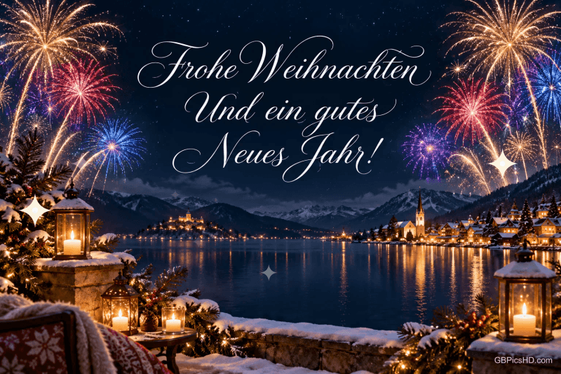 Buntes Feuerwerk erhellt den schwarzen Hintergrund hinter dem weißen Schriftzug "Frohe Weihnachten und ein gutes neues Jahr!". Buntes Feuerwerk erhellt den schwarzen Hintergrund hinter dem weißen Schriftzug "Frohe Weihnachten und ein gutes neues Jahr!".
