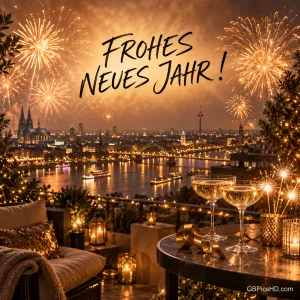 Zwei Sektgläser und Wunderkerzen stehen auf einer Terrasse vor einer Stadt am Fluss mit goldenem Feuerwerk unter "Frohes neues Jahr!".
