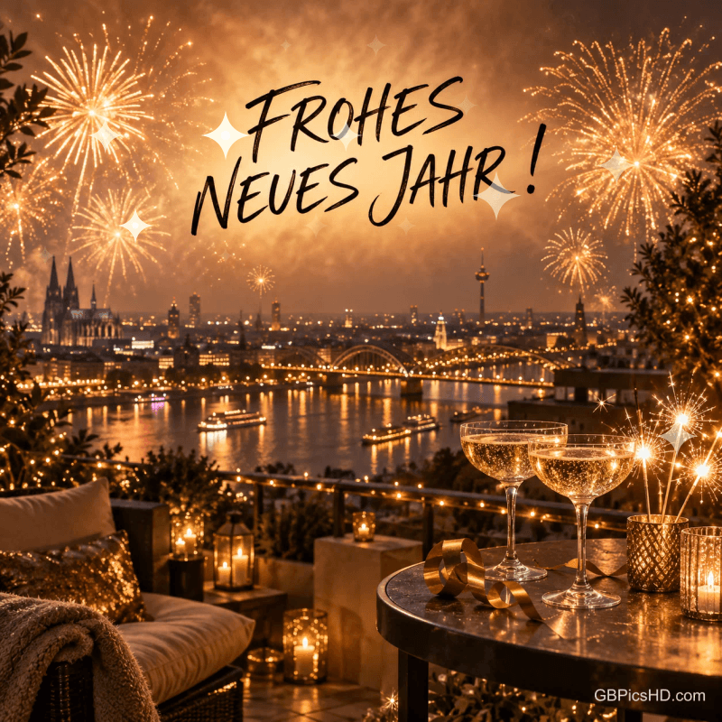 Zwei Sektgläser und Wunderkerzen stehen auf einer Terrasse vor einer Stadt am Fluss mit goldenem Feuerwerk unter "Frohes neues Jahr!".