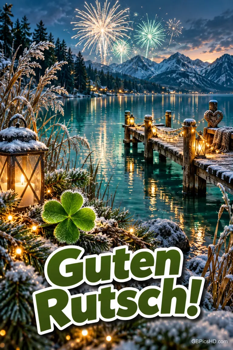 Laternen leuchten am verschneiten See mit Steg, Bergen und Feuerwerk; ein Kleeblatt steht über dem grünen Gruß "Guten Rutsch!".