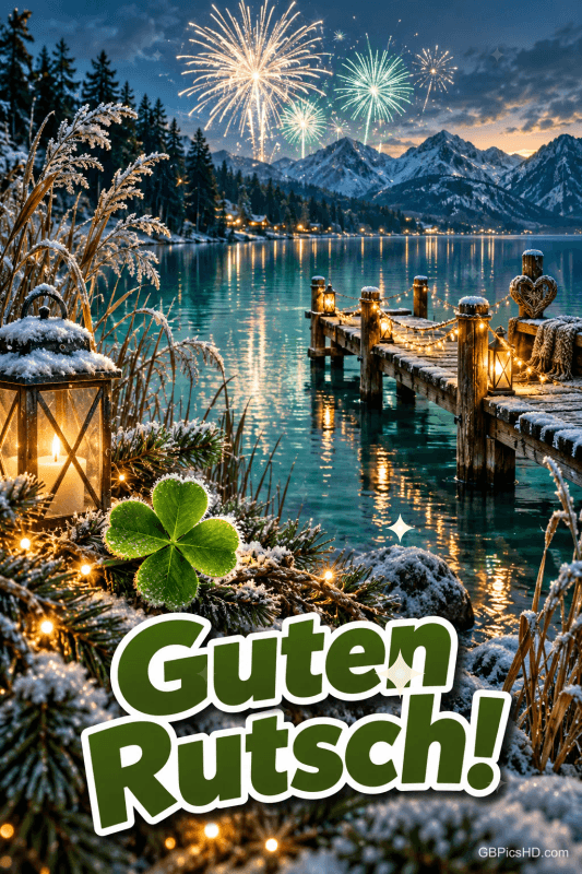 Laternen leuchten am verschneiten See mit Steg, Bergen und Feuerwerk; ein Kleeblatt steht über dem grünen Gruß "Guten Rutsch!".