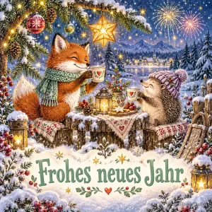 Ein Fuchs und ein Igel trinken im Schnee vor Feuerwerk aus Tassen; darunter steht "Frohes neues Jahr".