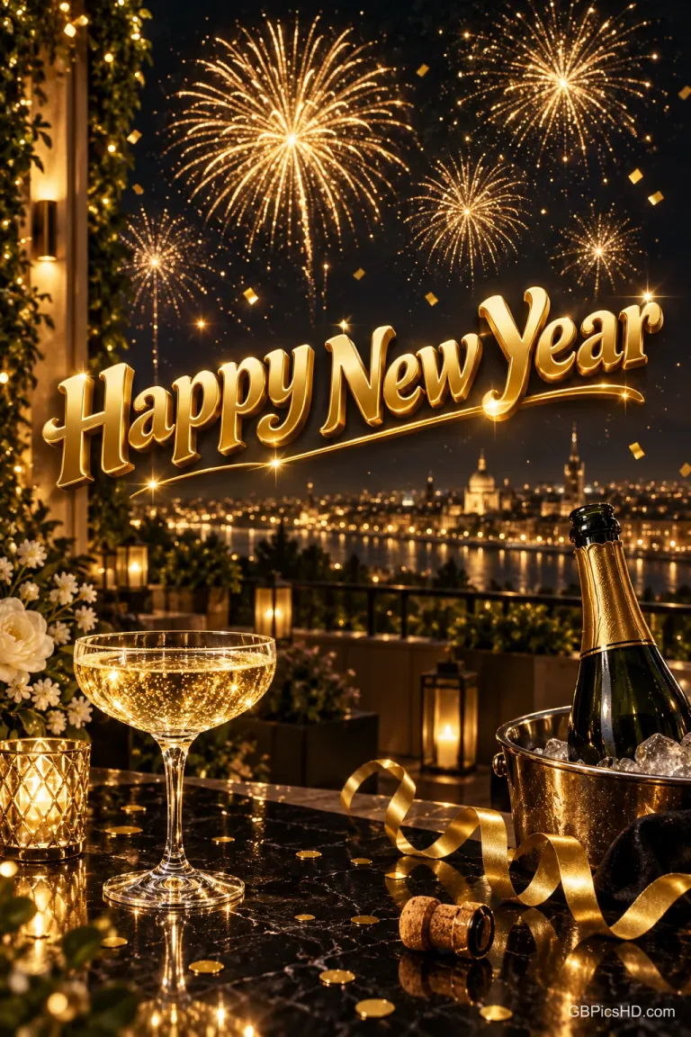 Ein Sektglas, eine Flasche im Eiskübel und goldene Luftschlangen stehen vor einer Stadt am Wasser mit Feuerwerk unter "Happy New Year".
