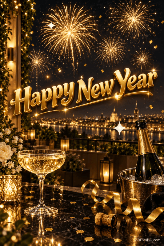 Ein Sektglas, eine Flasche im Eiskübel und goldene Luftschlangen stehen vor einer Stadt am Wasser mit Feuerwerk unter "Happy New Year". Ein Sektglas, eine Flasche im Eiskübel und goldene Luftschlangen stehen vor einer Stadt am Wasser mit Feuerwerk unter "Happy New Year".